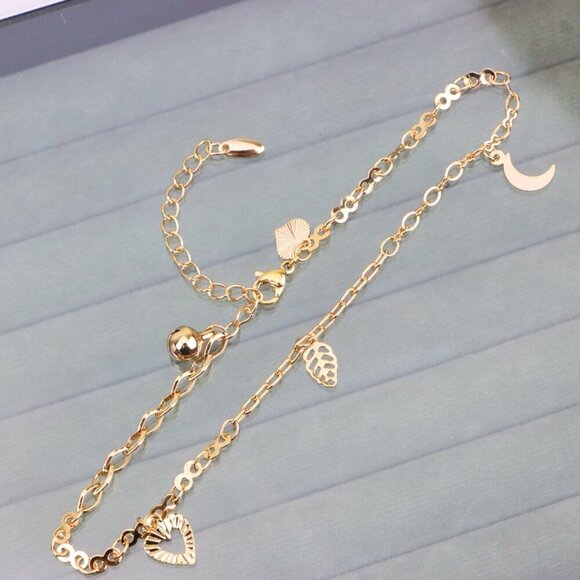 "Rose Gold Anklet with Heart, Leaf & Moon Charms, XPAL1046 - Picture 1 of 12